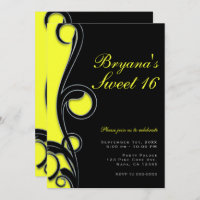 Black & Neon Bright Yellow Swirl Sweet 16 Party