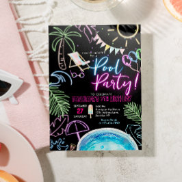 Convites Black Neon Glow Watercolor Pool Party Birthday