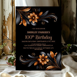 Convites Black Orange Floral 100th Birthday Party