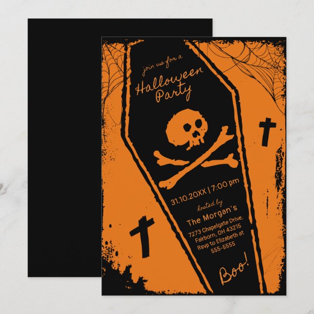 Convites Black & Orange Hand Drawn Coffin Halloween Party (Frente/Verso)