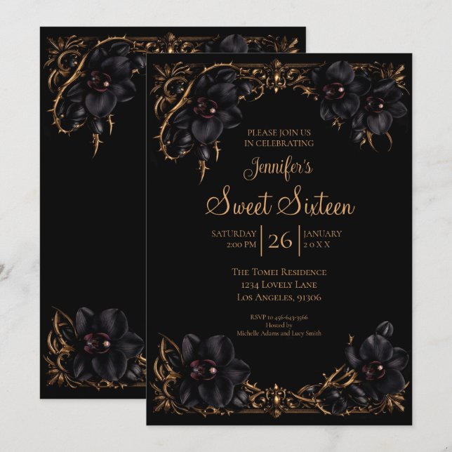 Convites Black Orchids Gótico Sweet 16 (Frente/Verso)