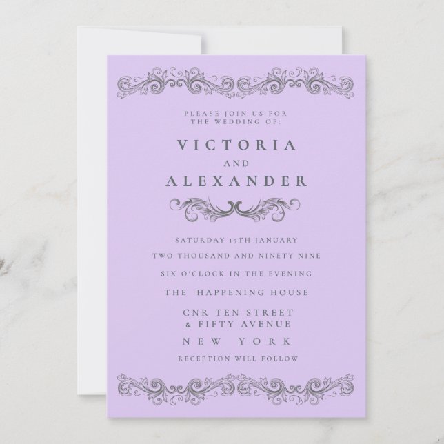 Convites Black Pale Purple Flourish Any Time Wedding (Frente)