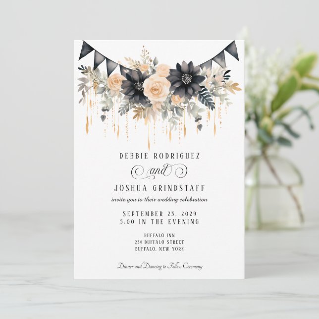 Convites Black & Peach Floral Wedding Invitation  (Em pé/Frente)