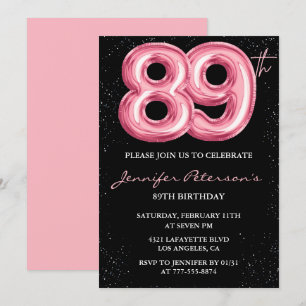 Convites Black Pink Balloon Glam 89º aniversário