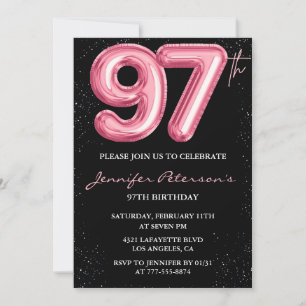 Convites Black Pink Balloon Glam 97º aniversário
