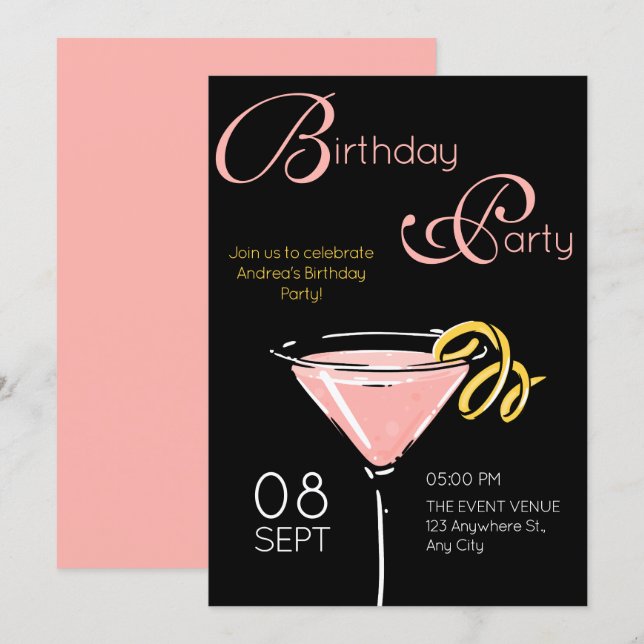 Convites Black pink coquetel sofisticado de aniversário (Frente/Verso)