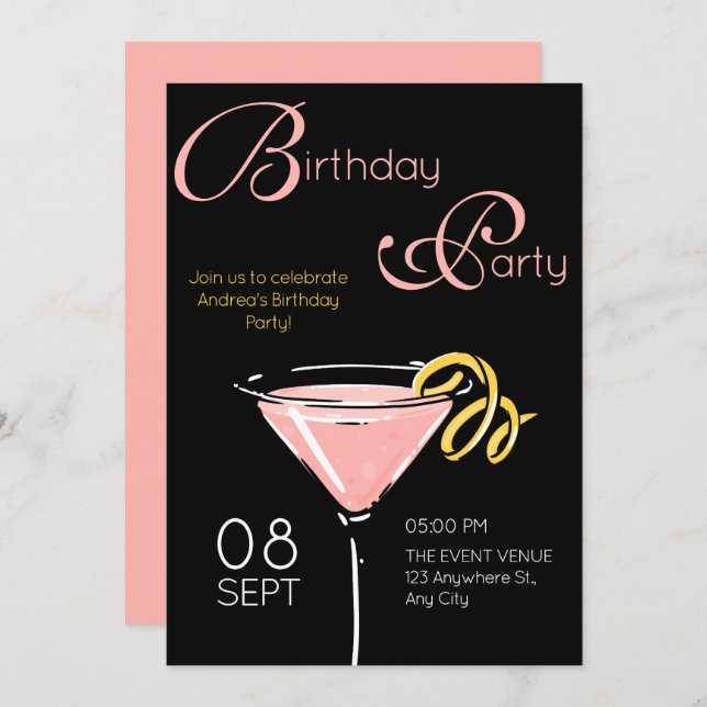 Convites Black pink fancy cocktail birthday (Frente/Verso)