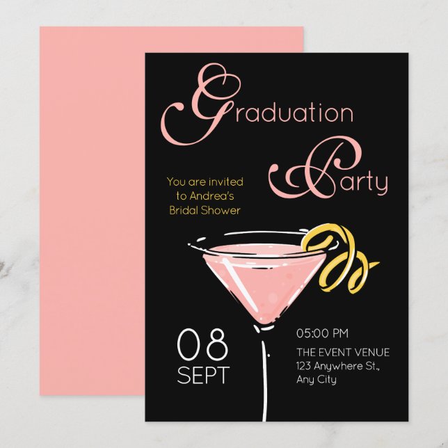Convites Black pink fancy cocktail graduation (Frente/Verso)