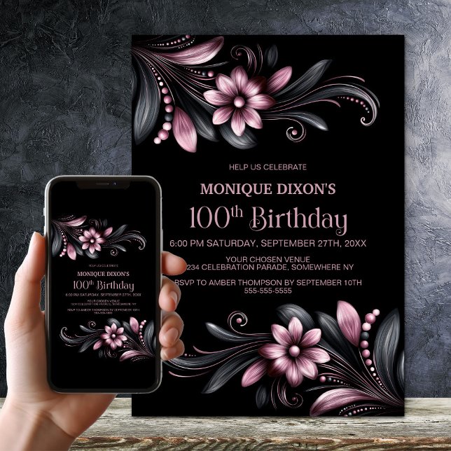 Convites Black Pink Floral 100th Birthday Party (Criador carregado)
