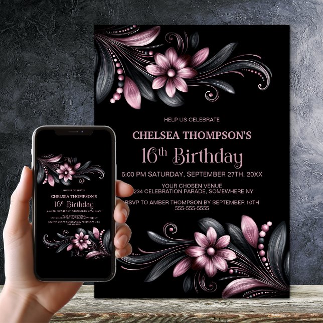 Convites Black Pink Floral 16th Birthday Party (Criador carregado)