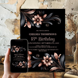 Convites Black Pink Floral 18th Birthday Party