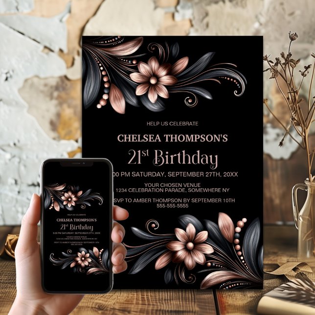 Convites Black Pink Floral 21st Birthday Party (Criador carregado)