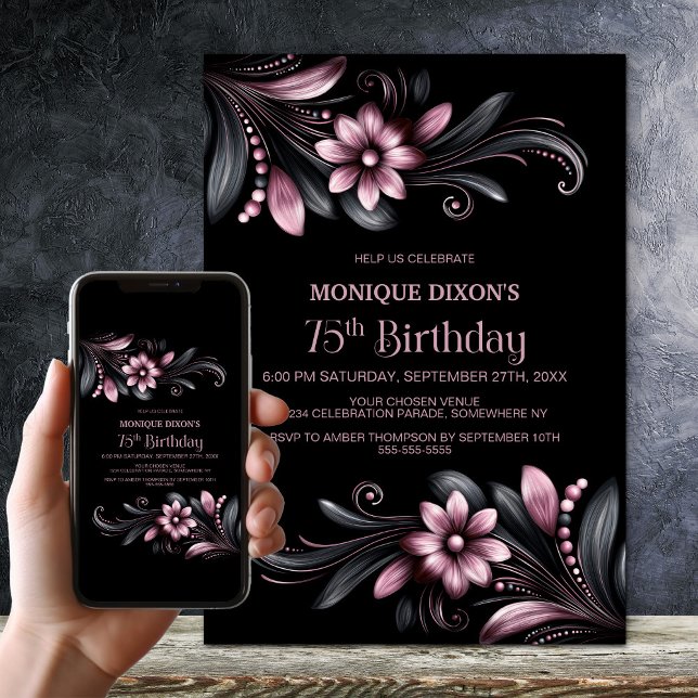 Convites Black Pink Floral 75th Birthday Party (Criador carregado)