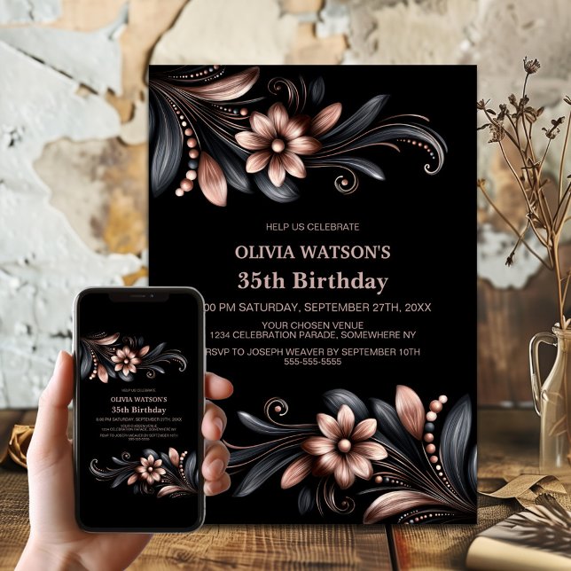 Convites Black Pink Floral Birthday Party (Criador carregado)