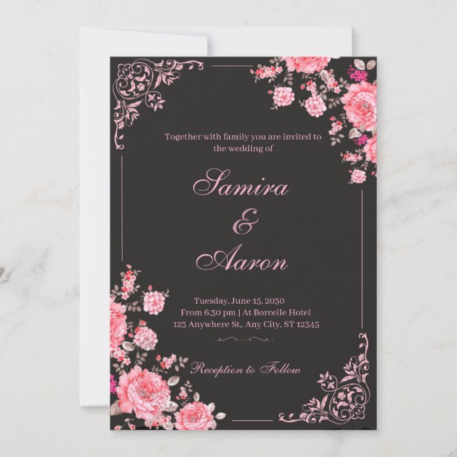 Convites Black & Pink Floral Wedding Invitation (Frente)
