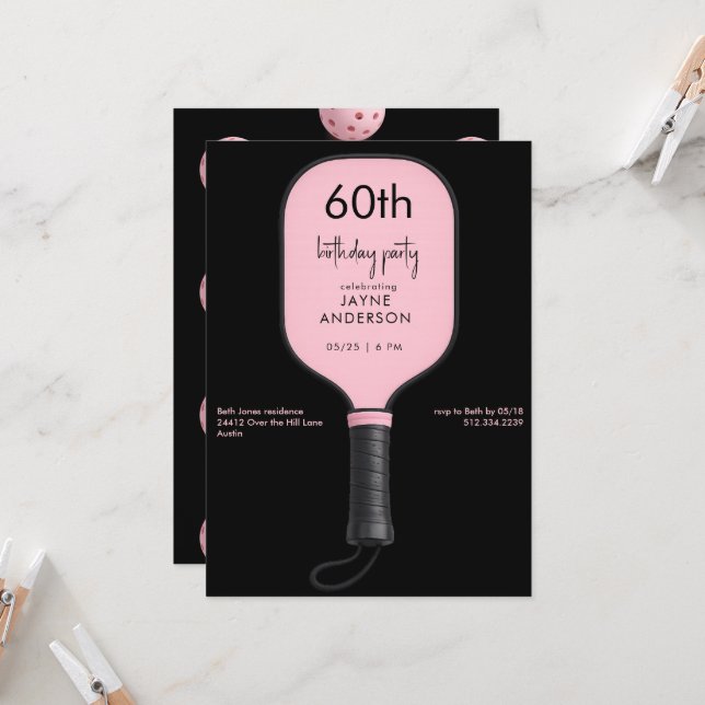 Convites Black & Pink Pickleball 60th Birthdday Party (Frente/Verso In Situ)