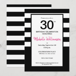 Convites Black, Pink, White strips, aniversário de 30 anos