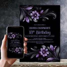 Convites Black Purple Floral 18th Birthday Party