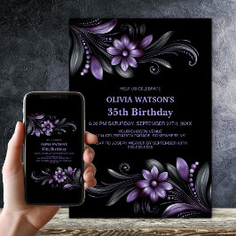 Convites Black Purple Floral Birthday Party