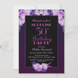 Convites Black & Purple Floral Surprise 50th Festa de anive