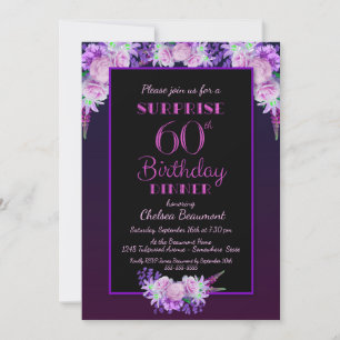 Convites Black Purple Floral Surprise 60º Janto de anivers