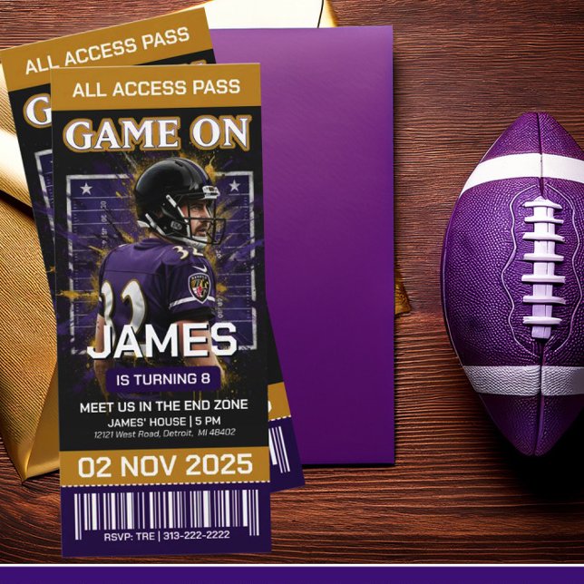 Convites Black & Purple Football Ticket Birthday Invitation (Criador carregado)