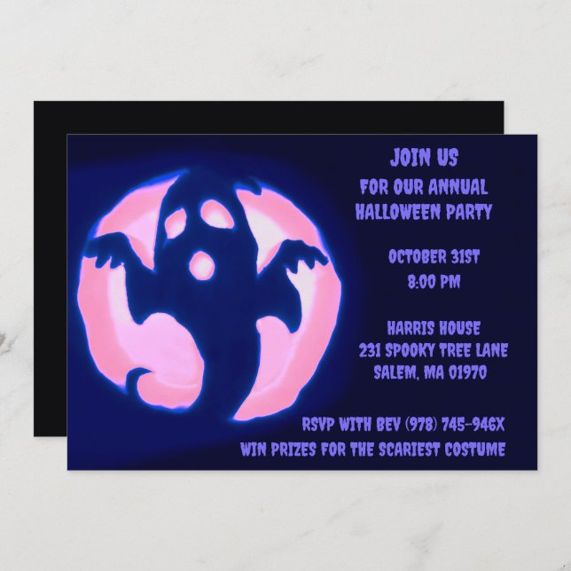 Convites Black Purple Ghost Spooky Festa Fantasma de Hallow (Frente/Verso)