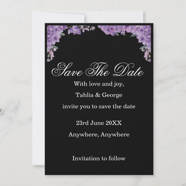 Convites Black & Purple Jacaranda Flowers Save the Date  (Frente)