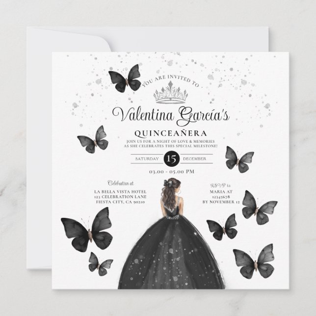 Convites Black Quinceañera 15 Anos Buttefly Silver Glitter (Frente)