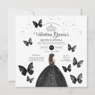 Convites Black Quinceañera 15 Anos Buttefly Silver Glitter