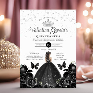 Convites Black Quinceañera 15 Anos Flowers Silver Glitter