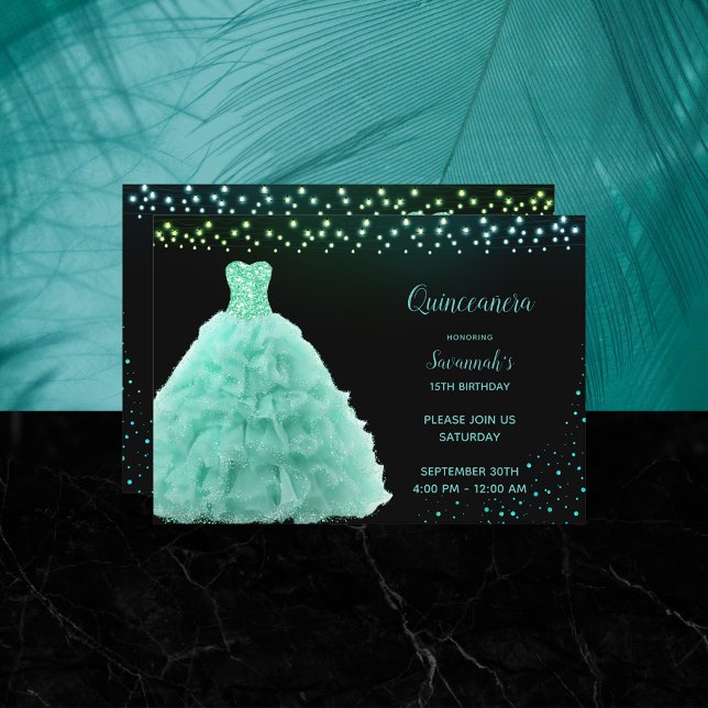 Convites Black Quinceanera Princess Mint Green Gown Luzes (Criador carregado)