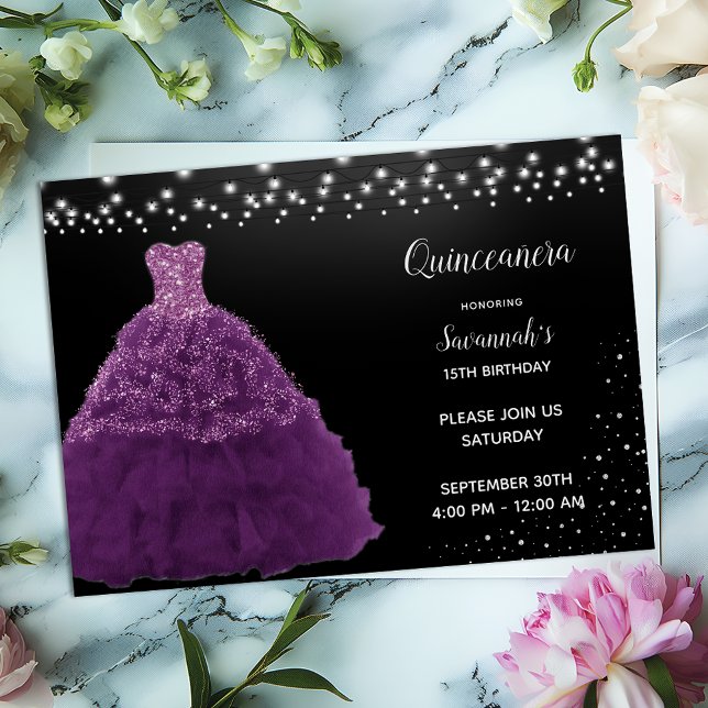 Convites Black Quinceanera Princess Purple Gown Lights (Criador carregado)