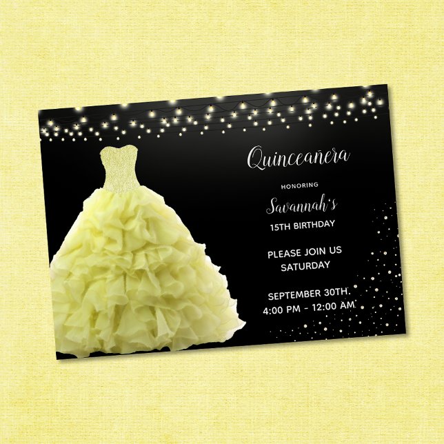 Convites Black Quinceanera Princess Yellow Gown Lights (Criador carregado)