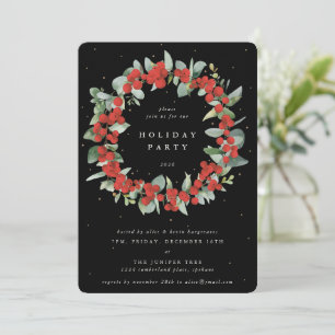 Convites Black Red Berries+Eucalyptus Wreath Holiday Party