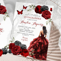 Black Red Burgundy Princesa Floral Quinceañera