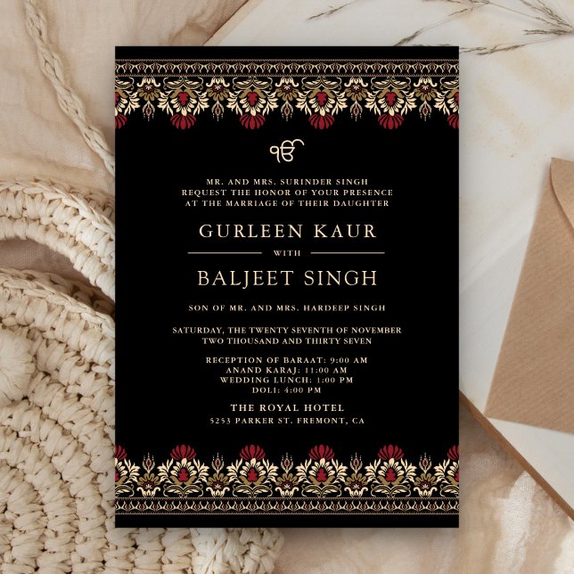 Convites Black Red Cream  Ikat Anand Karaj Casamento Sikh (Criador carregado)