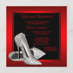 Convites Black Red Glitter High Heels Womans 50th Brithday