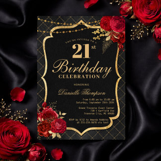 Convites Black, Red & Gold 21st Birthday Invitation