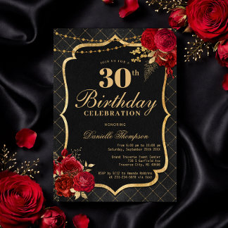 Convites Black, Red & Gold 30th Birthday Invitation