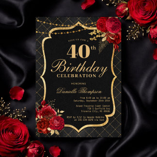 Convites Black, Red & Gold 40th Birthday Invitation