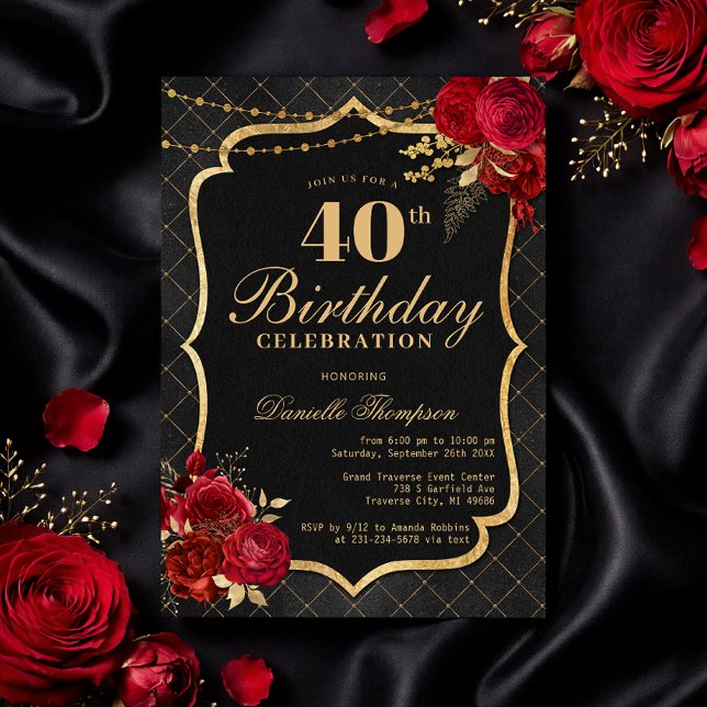 Convites Black, Red & Gold 40th Birthday Invitation (Black, Red & Gold 40th Birthday Invitation with Roses
)