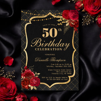 Convites Black, Red & Gold 50th Birthday Invitation