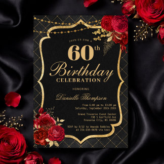 Convites Black, Red & Gold 60th Birthday Invitation