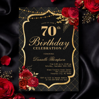 Convites Black, Red & Gold 70th Birthday Invitation