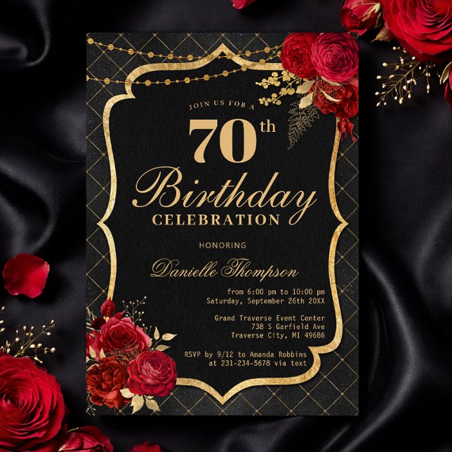 Convites Black, Red & Gold 70th Birthday Invitation (Black, Red & Gold 70th Birthday Invitation with Roses)