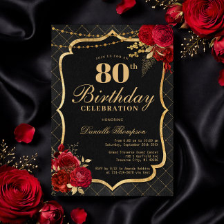 Convites Black, Red & Gold 80th Birthday Invitation