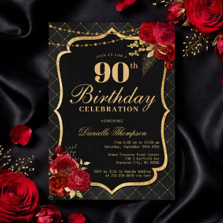Convites Black, Red & Gold 90th Birthday Invitation