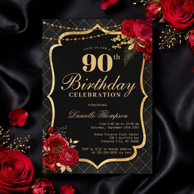 Convites Black, Red & Gold 90th Birthday Invitation (Black, Red & Gold 90th Birthday Invitation with Roses)