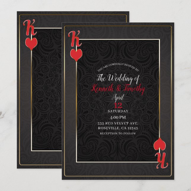 Convites Black & Red King of Hearts Card Elegant Wedding (Frente/Verso)